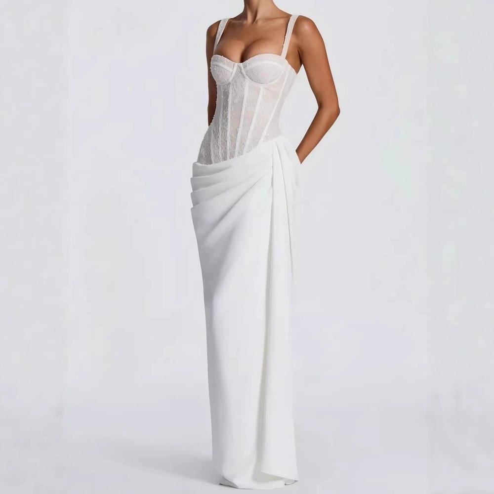 Zara White Mesh Long Sleeve Bodycon Low Neck Evening Dress Fall